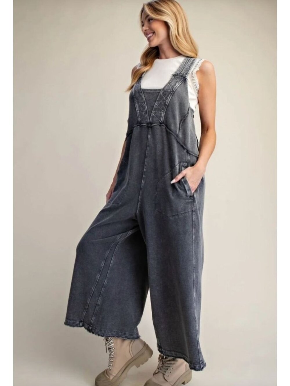 Easel Black Mineral Wash Cotton Terry Wide Leg Jumpsuit Size L